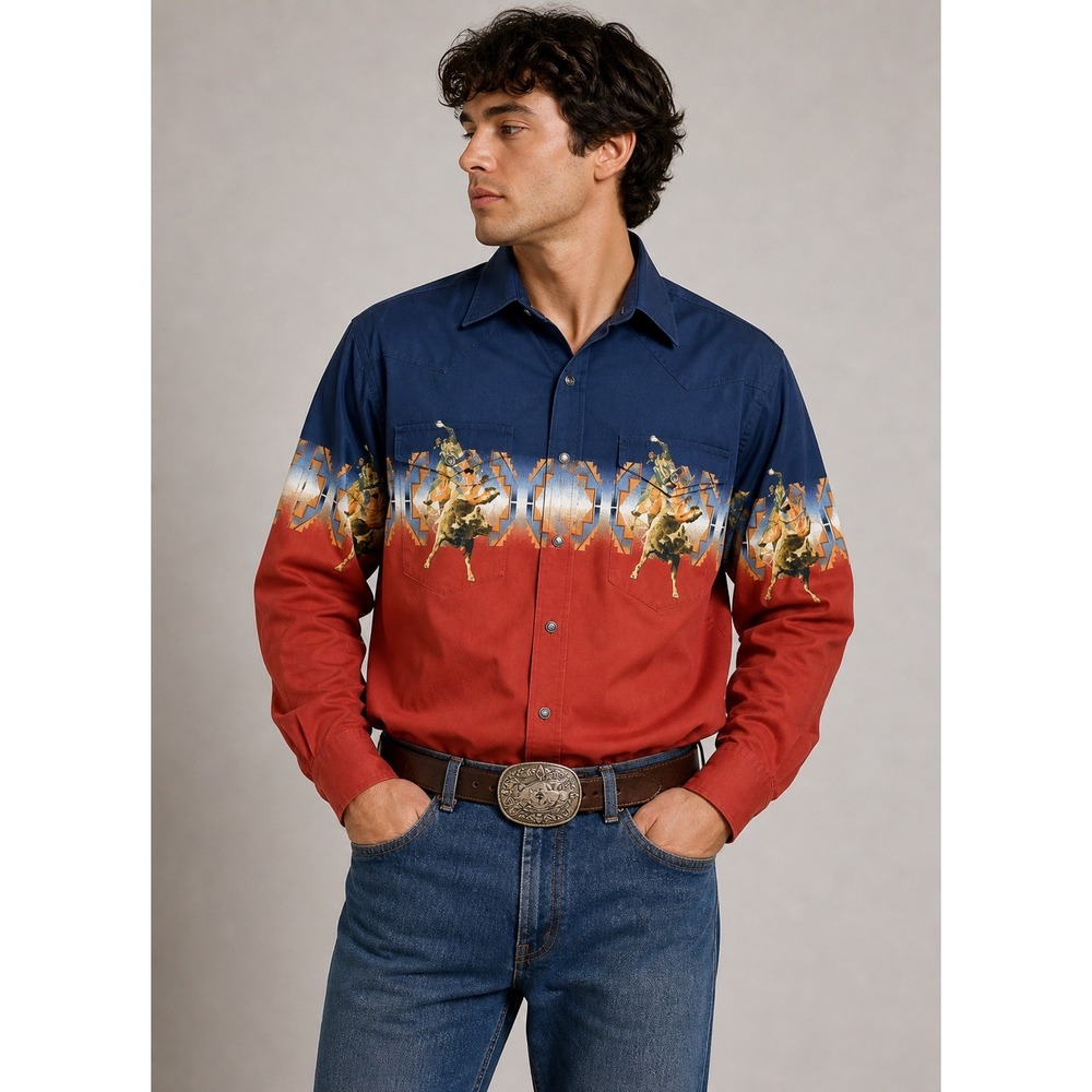 Vintage Wrangler Western Shirt Bull Rider Southwestern Print Snap Front Mens XL